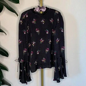 Topshop UK Floral Satin Bell Sleeve Blouse Black Goth Rocker Loose Fit US 6